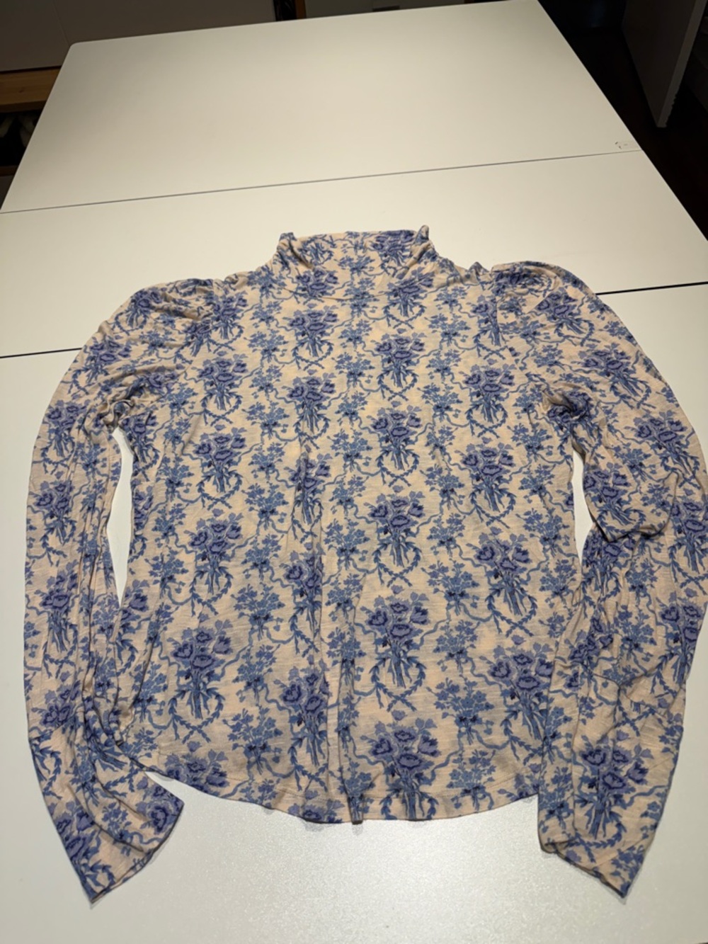 LoveShackFancy Beige Mock Neck Top with Blue Floral Print XL